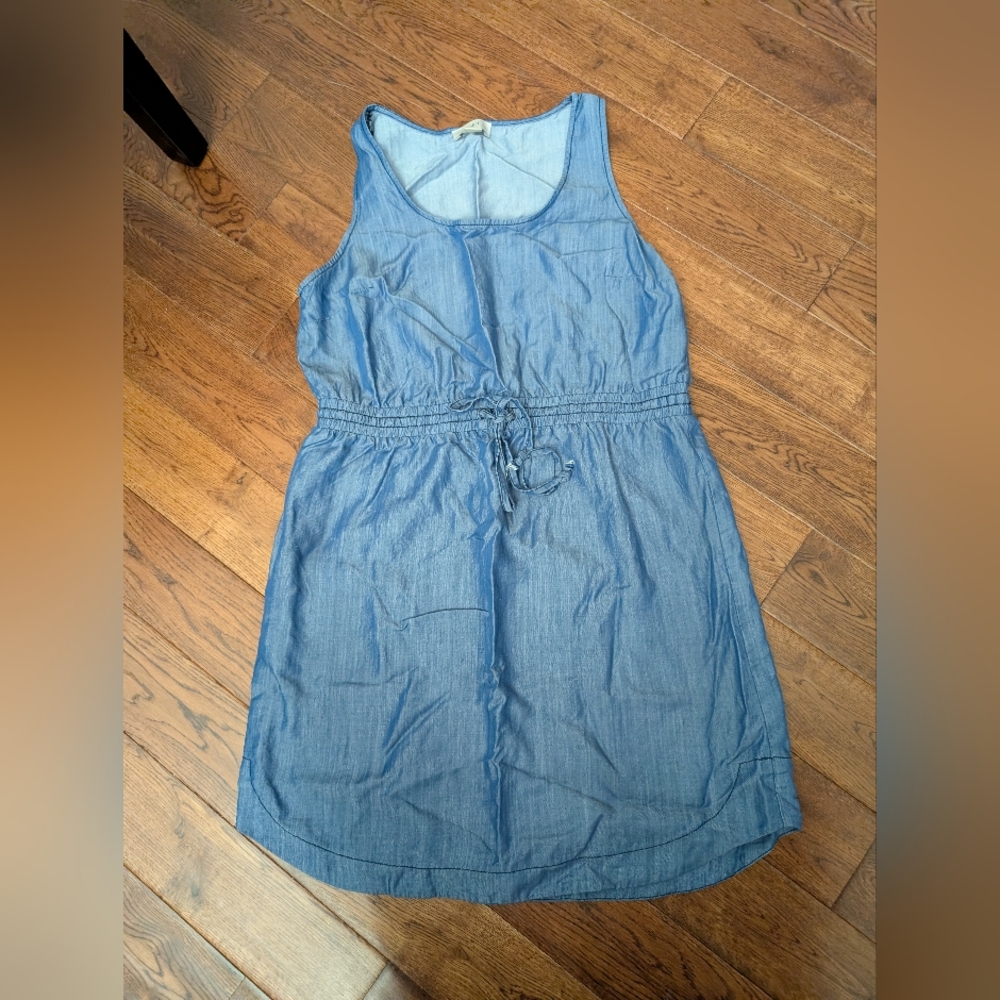 Ann Taylor Loft Lyocell Blue Chambray Sleeveless Drawstring Shirt Dress MP - Picture 1 of 7
